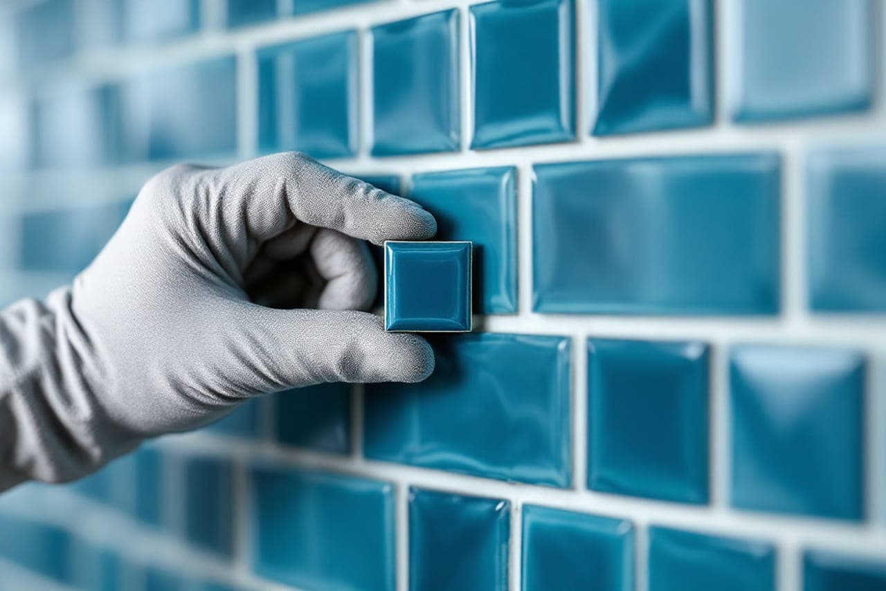 Crédence de cuisine terminée en mosaïque colorée assortie au plan de travail, joints réguliers