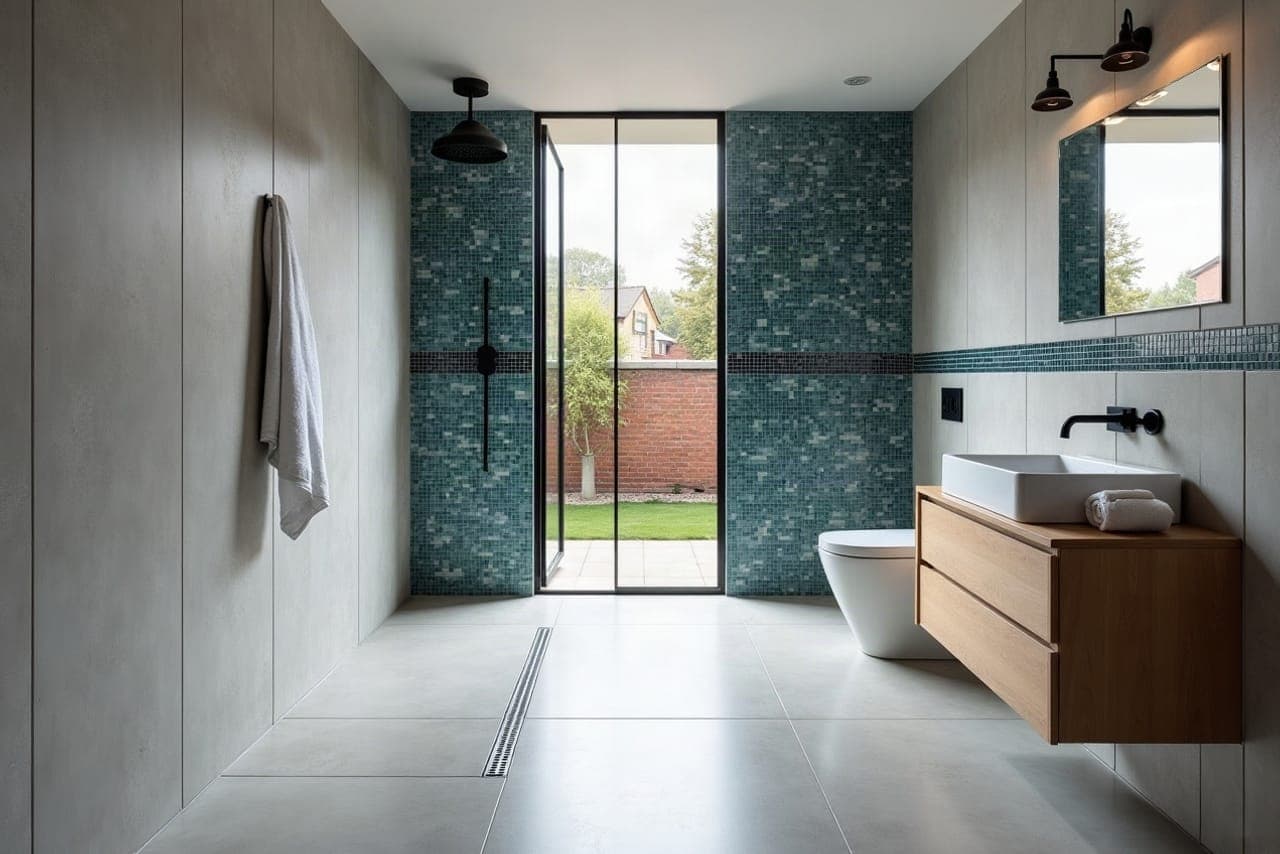 Mur de douche en mosaïque, calepinage régulier