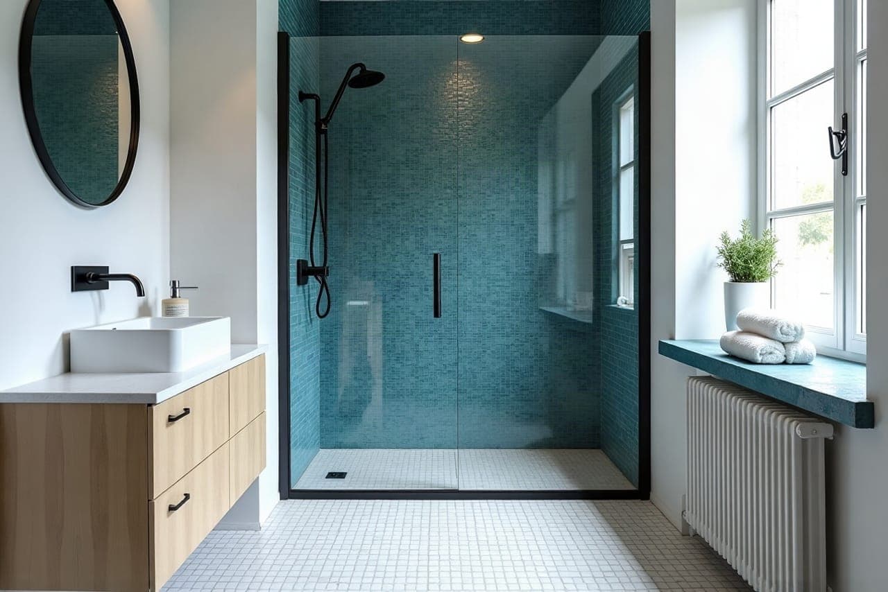 Mur de douche en mosaïque, calepinage régulier