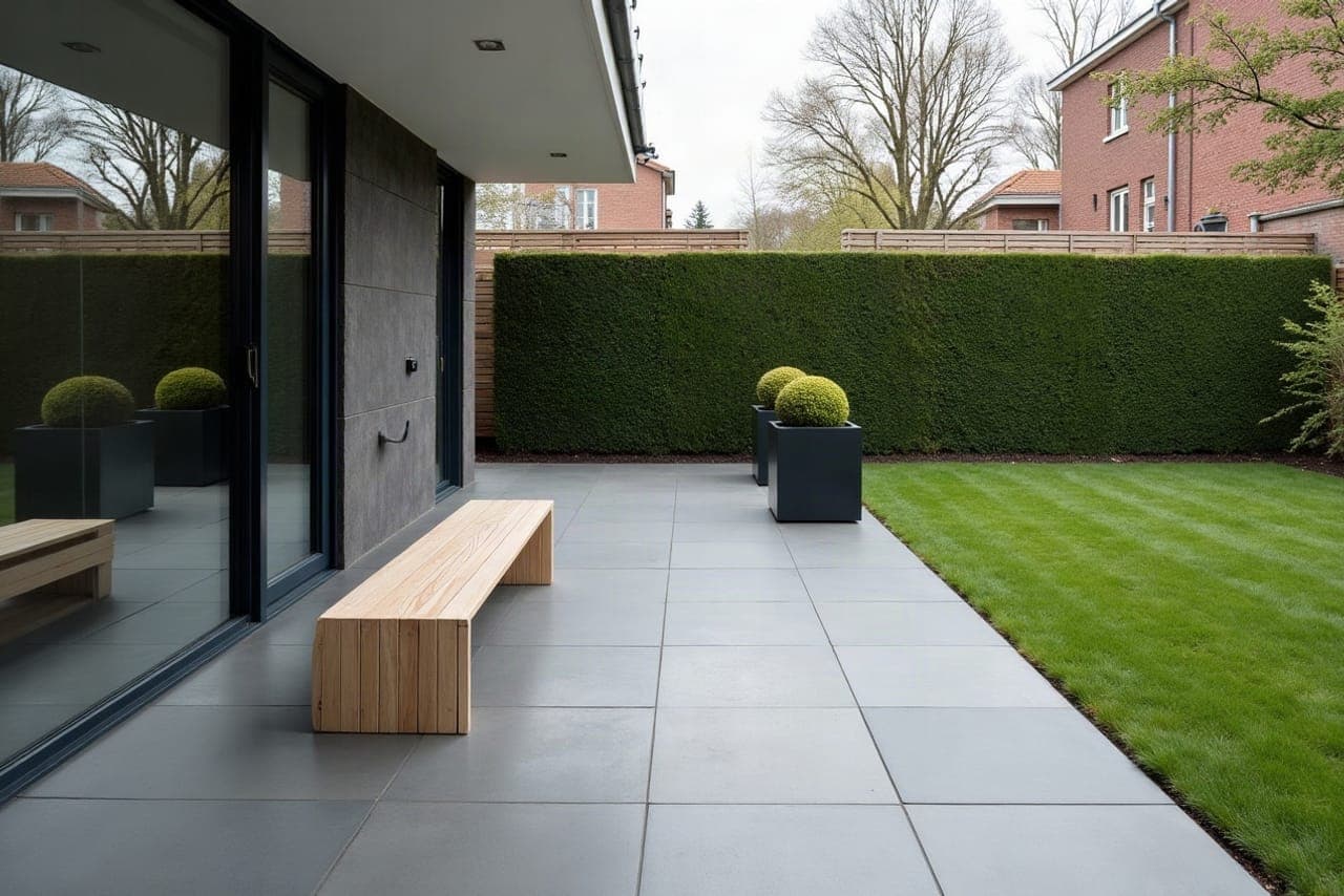 Terrasse carrelée en grès cérame gris fumé grand format, banc en chêne massif et bacs noirs le long d'une haie taillée