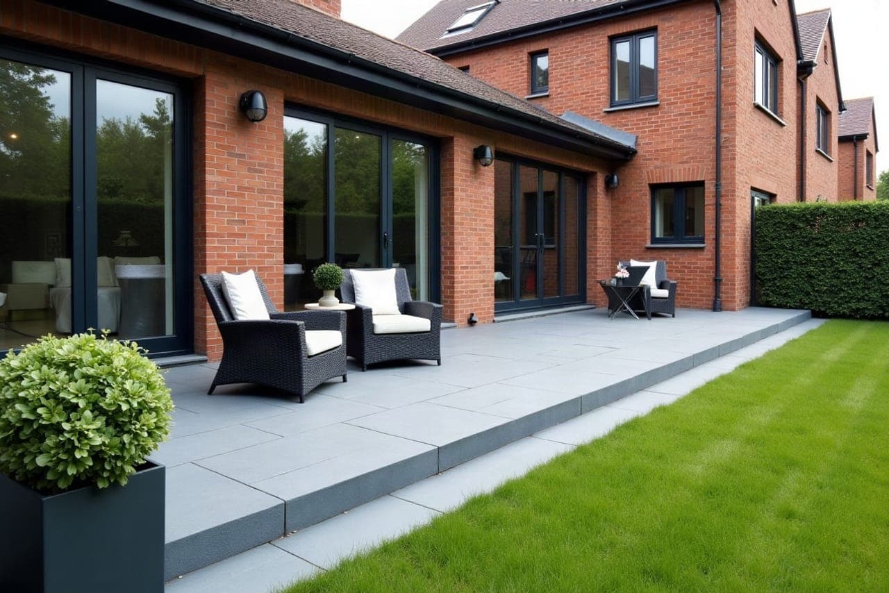 Pose de plots réglables sous des dalles de terrasse extérieure, une seule main gantée visible