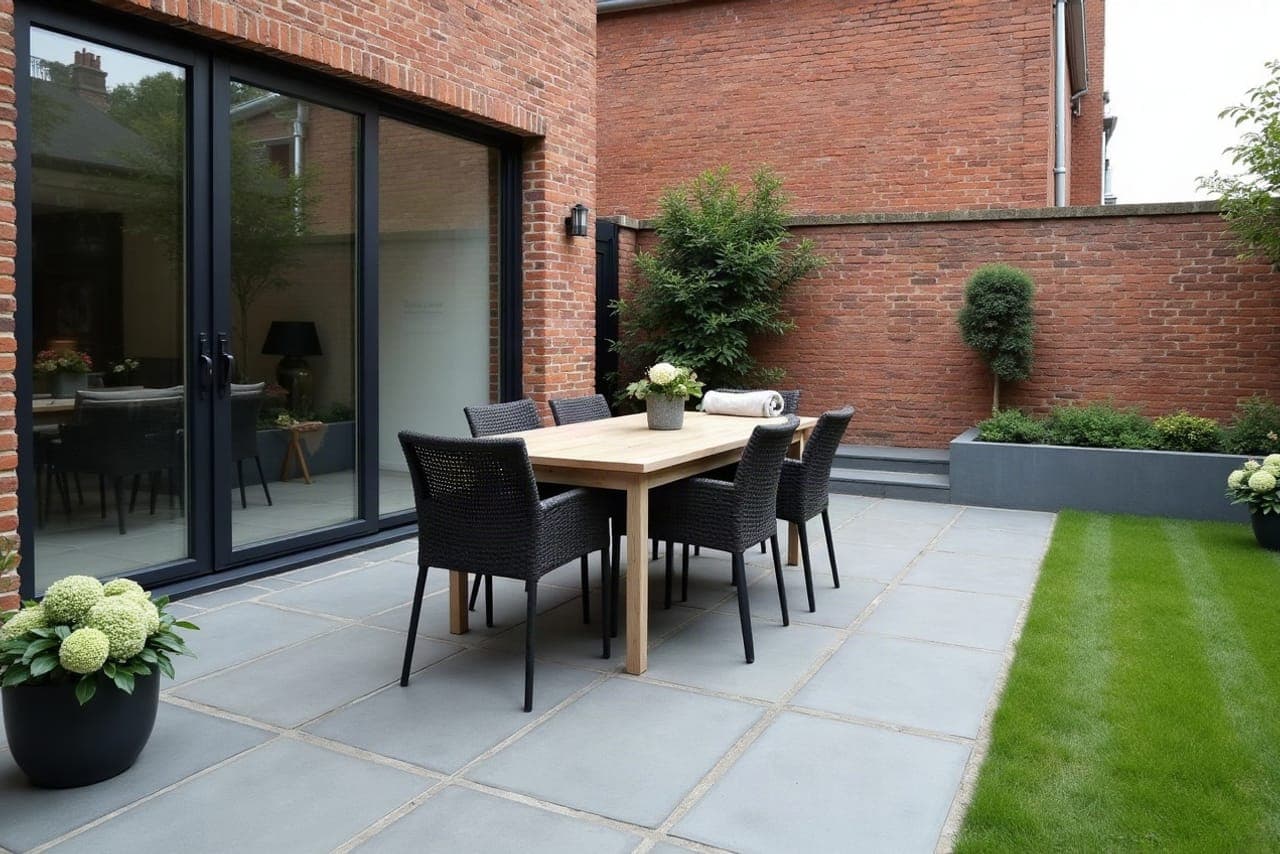 Terrasse carrelée dans une cour de brique du Douaisis
