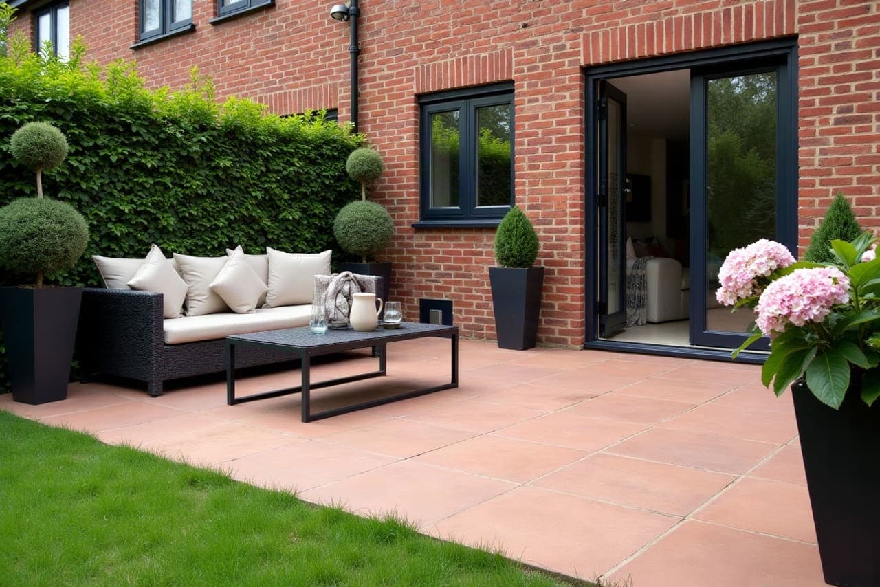 Terrasse carrelée extérieure d'une maison individuelle à Auby