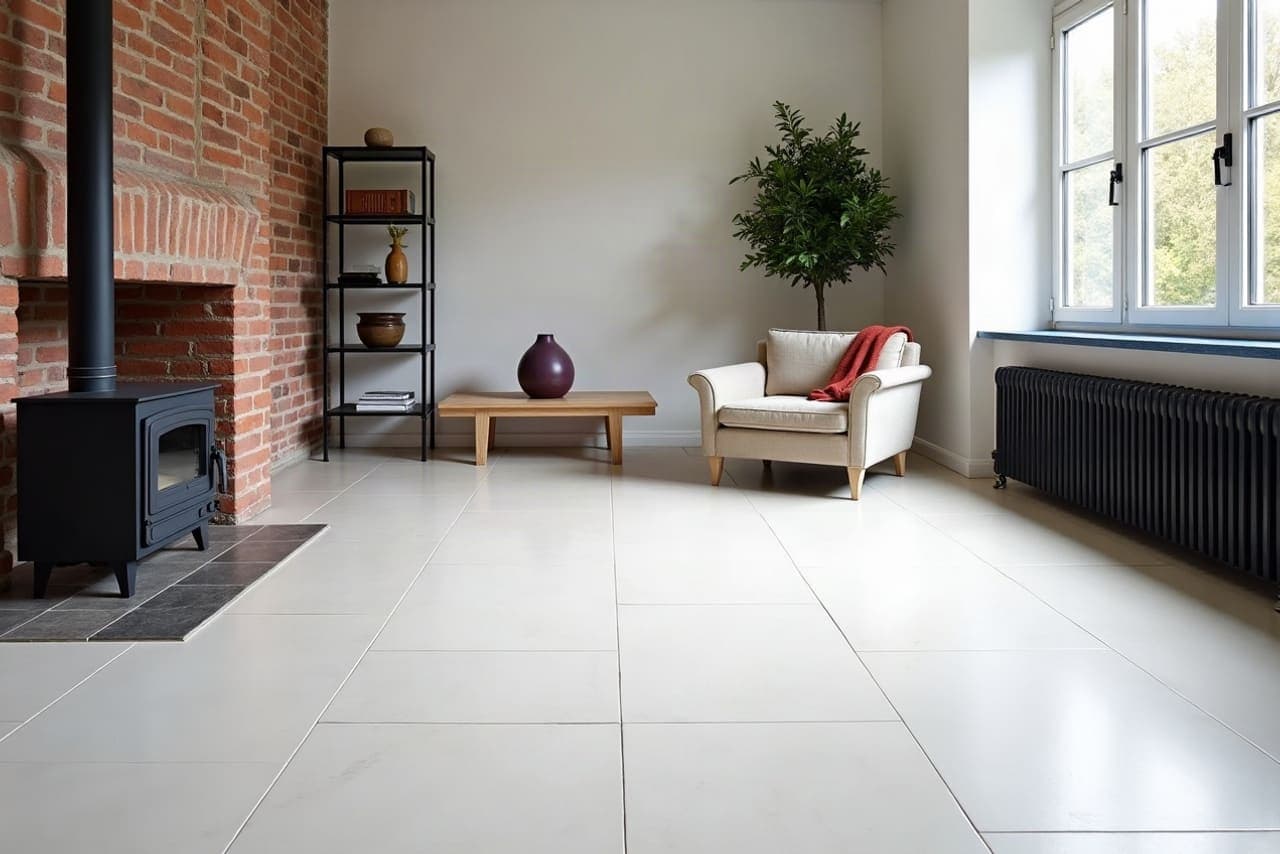 Sol carrelé grand format dans le séjour d'une maison de ville à Douai