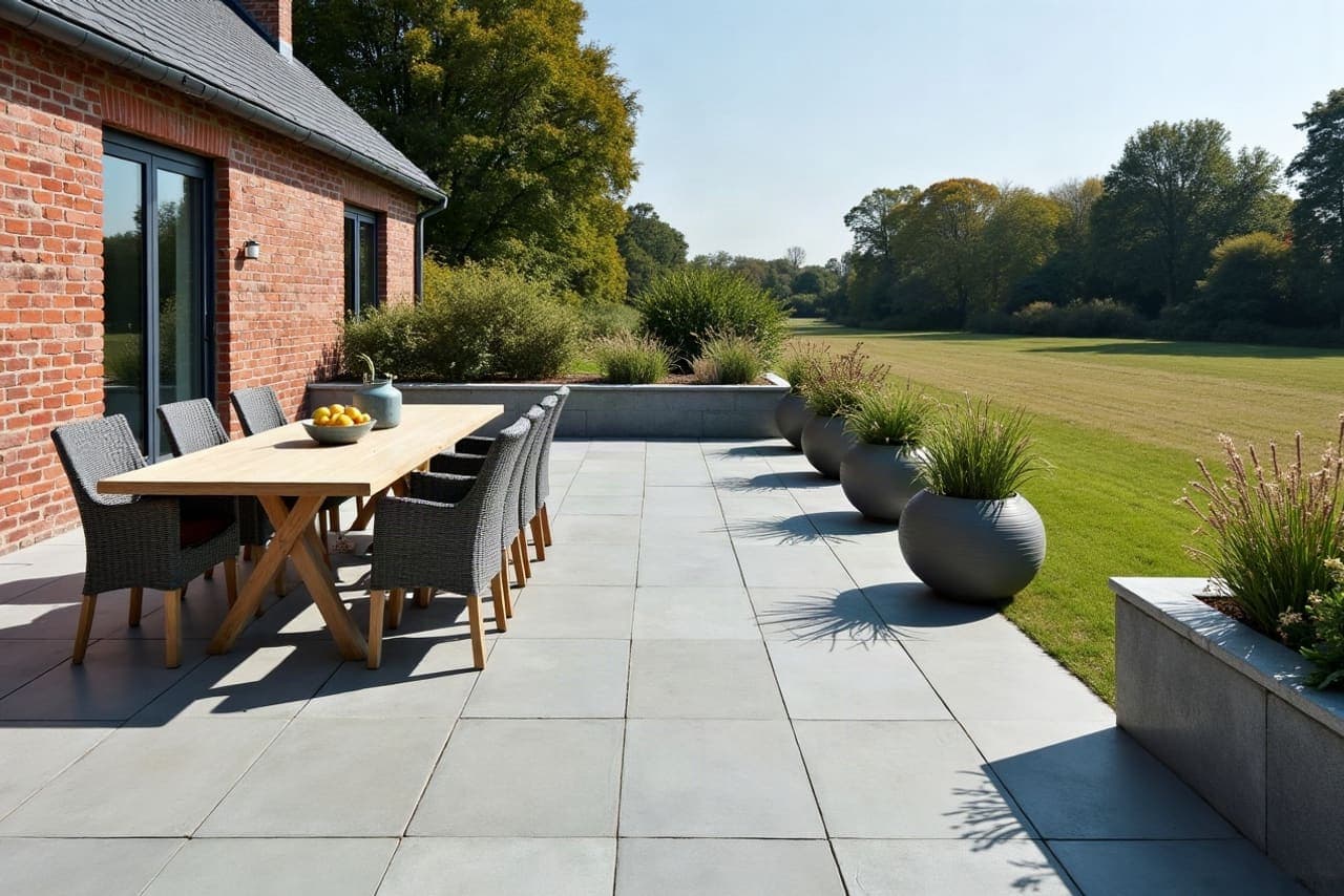 Terrasse carrelée d'une propriété agricole à Férin