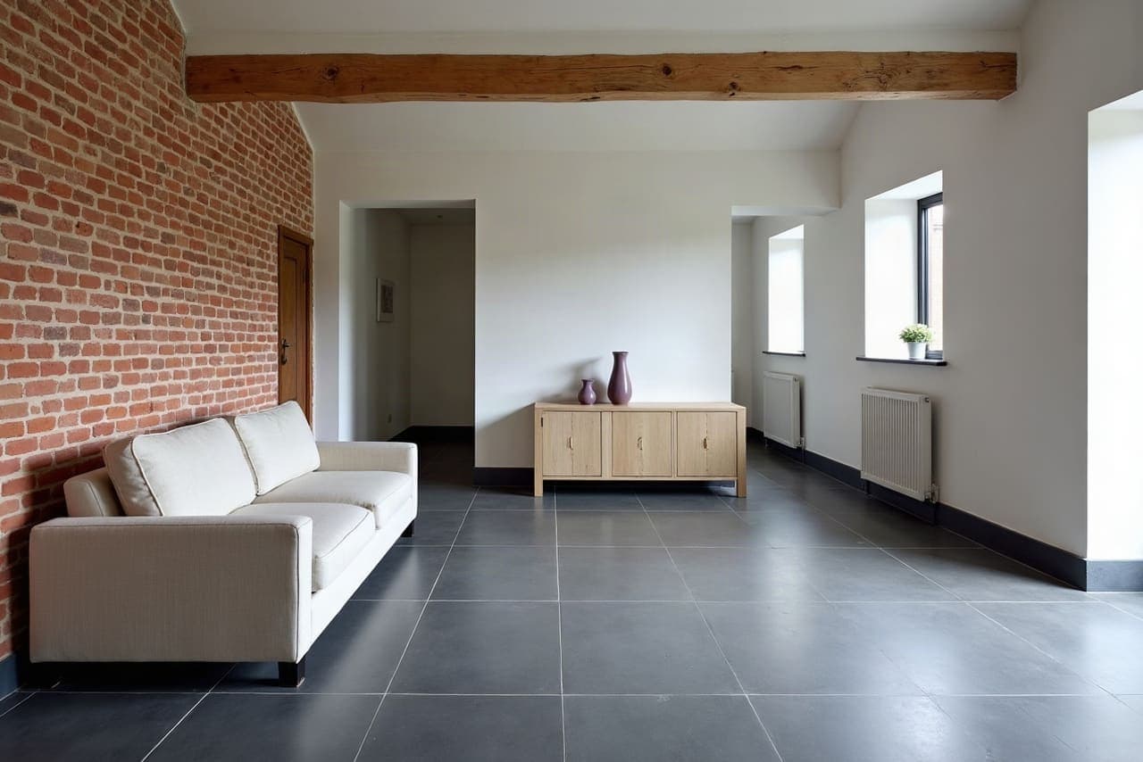 Sol carrelé neuf dans un ancien bâtiment reconverti en logement à Râches