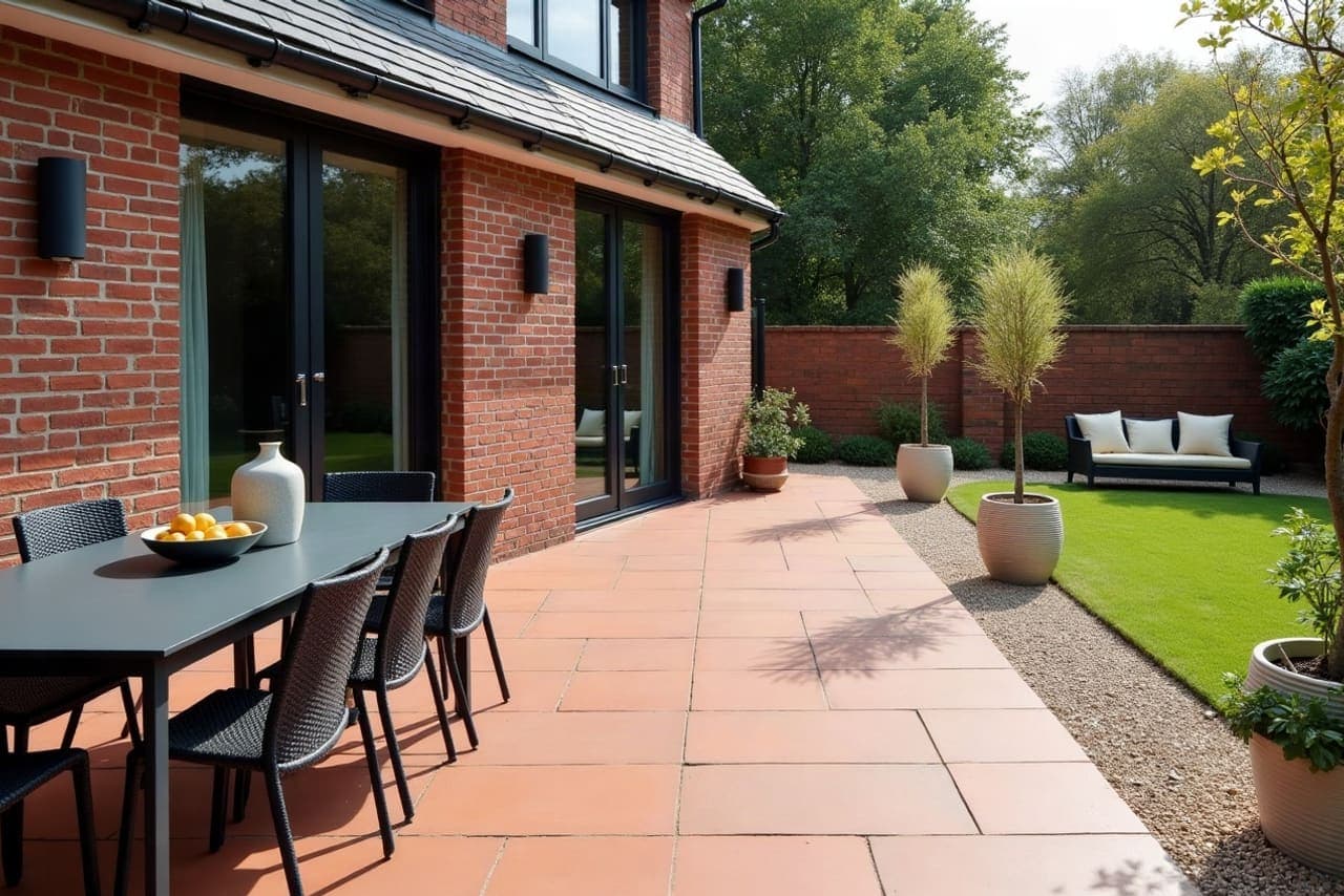 Terrasse carrelée d'une maison récente à Raimbeaucourt