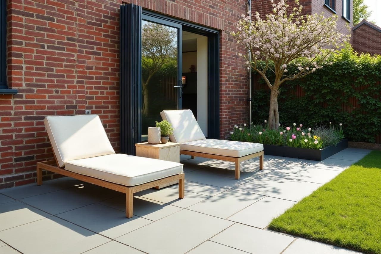 Terrasse carrelée d'une maison avec jardin à Roost-Warendin