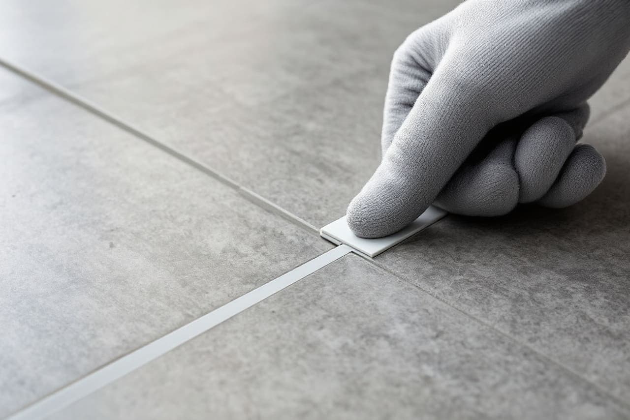 Pose de carrelage grand format sur chape neuve dans un logement de l'écoquartier du Raquet