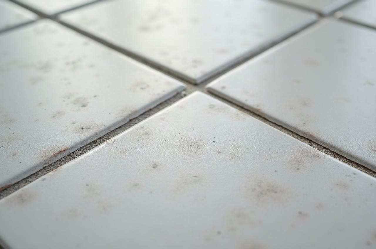 Détail d'un balcon carrelé fini en grand carreau béton gris clair, garde-corps métal noir en arrière-plan, aucune personne