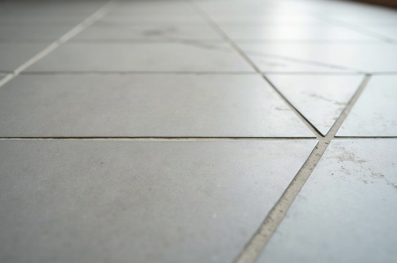 Détail d'un sol en grand carreau effet béton graphite mat, joints fins peu visibles, lumière naturelle, aucune personne