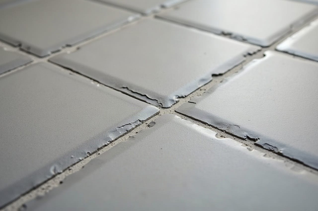 Détail d'un carrelage extérieur gris fumé mat, texture technique uniforme, sous une lumière hivernale claire, aucune personne