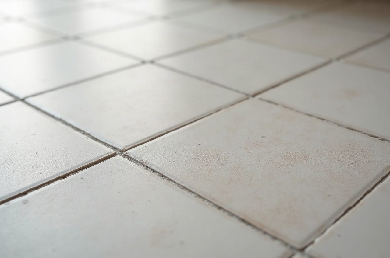 Détail d'un carrelage imitation parquet effet chêne clair, veinage réaliste, joints fins discrets, aucune personne