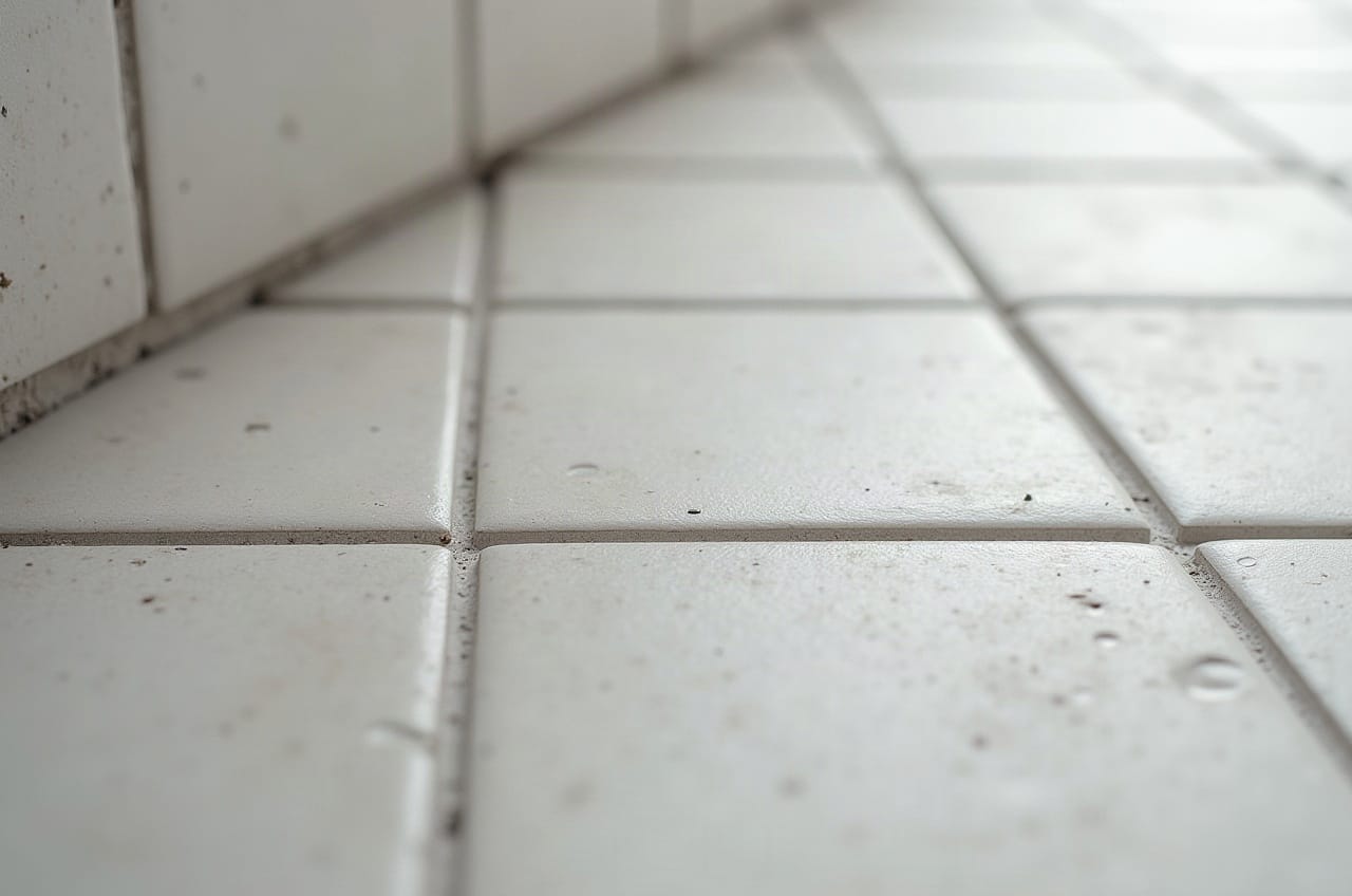 Détail d'un sol fini en grand carreau graphite mat au-dessus d'une isolation intégrée, joints fins, aucune personne