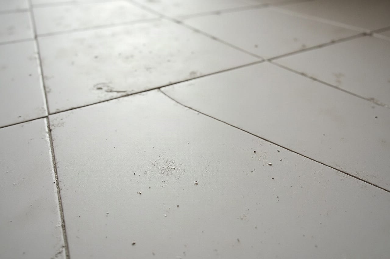 Détail d'un sol carrelé fini en grand format gris uni dans une pièce lumineuse, joints fins, aucune personne