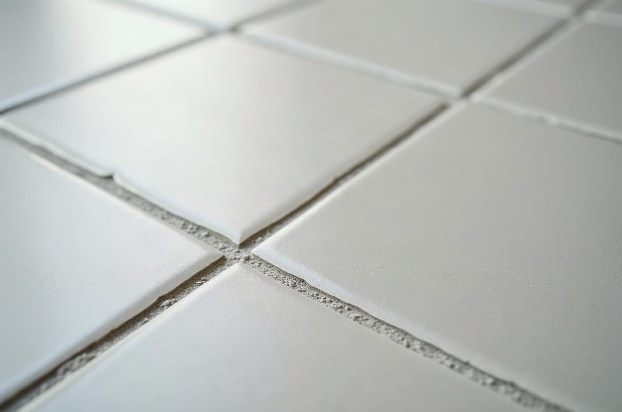Détail d'une chape sèche prête à recevoir le carrelage, surface mate uniforme, aucune personne, aucun outil visible