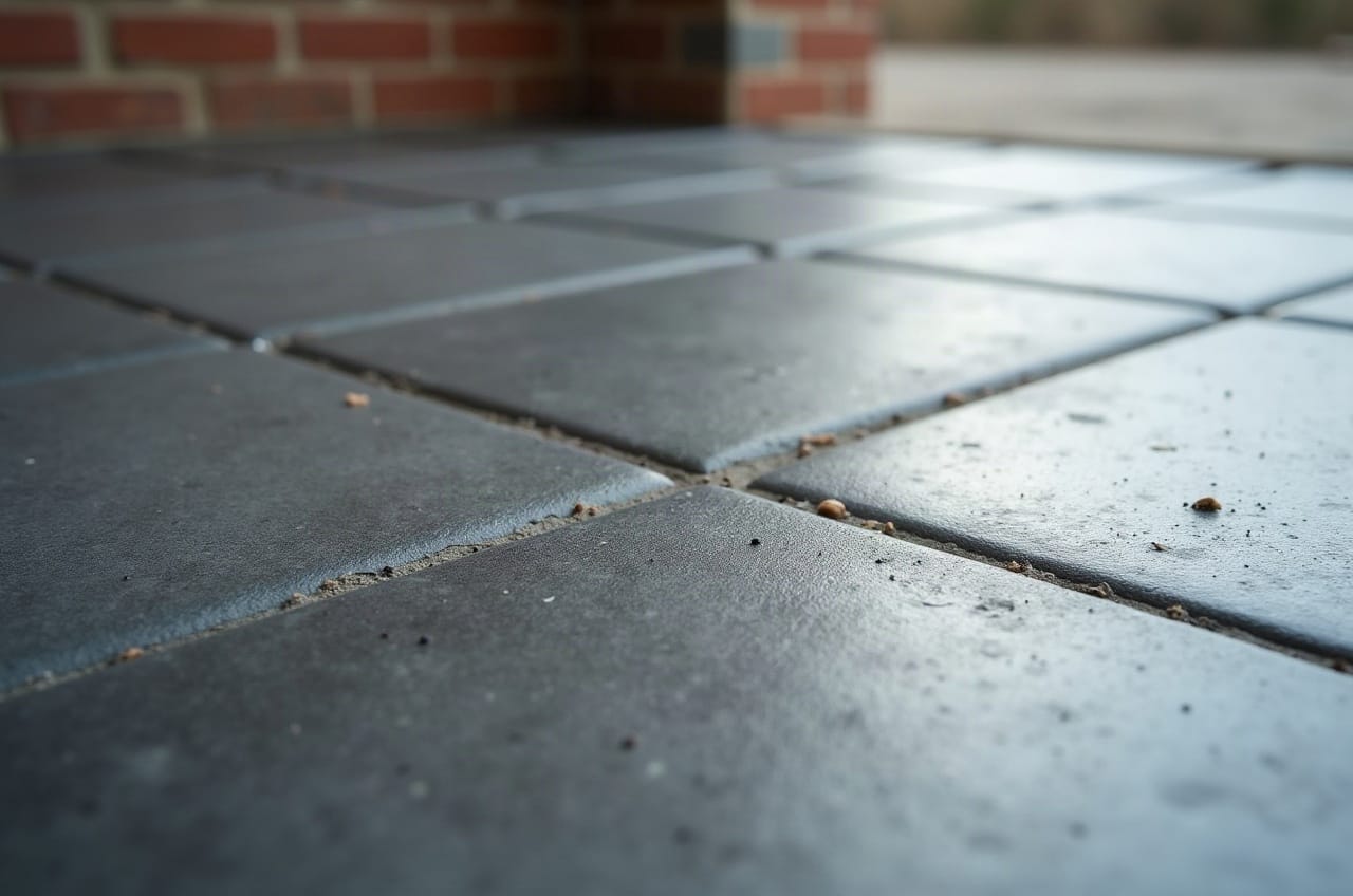 Détail d'un sol en grand carreau anthracite mat, propre et brillant sous la lumière, aucune trace visible, aucune personne