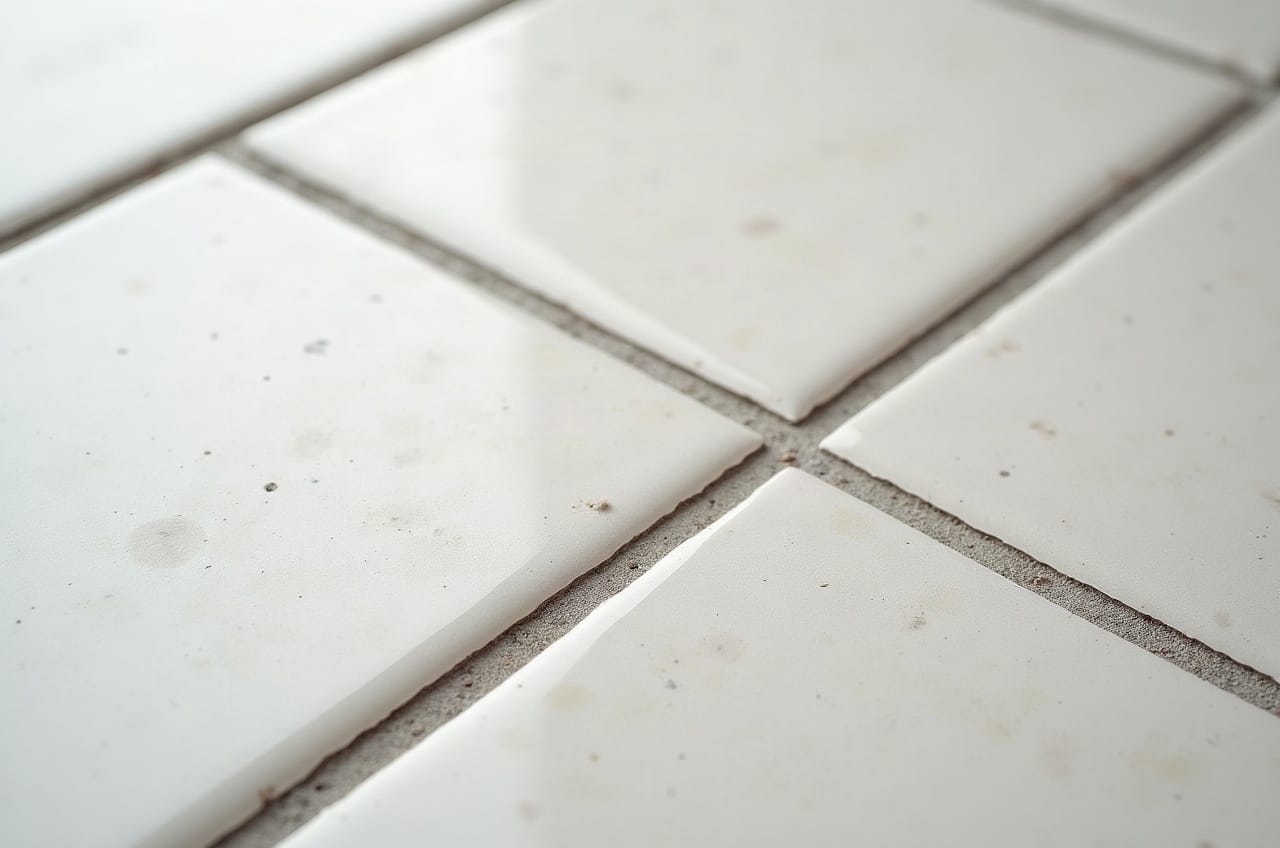 Détail d'une crédence en faïence ivoire craquelée derrière une plaque de cuisson, joints fins, aucune personne