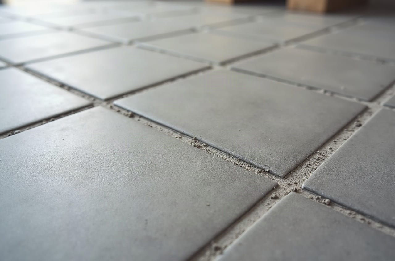 Détail d'un joint fin gris clair entre des carreaux de grès cérame anthracite, texture uniforme, aucune personne