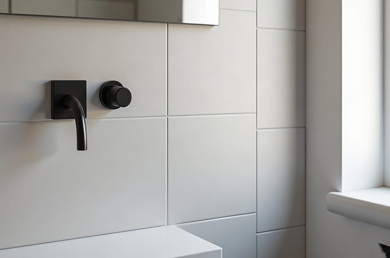 Détail d'une niche de douche en mosaïque de verre aubergine, contraste avec un mur en grand carreau clair, aucune personne