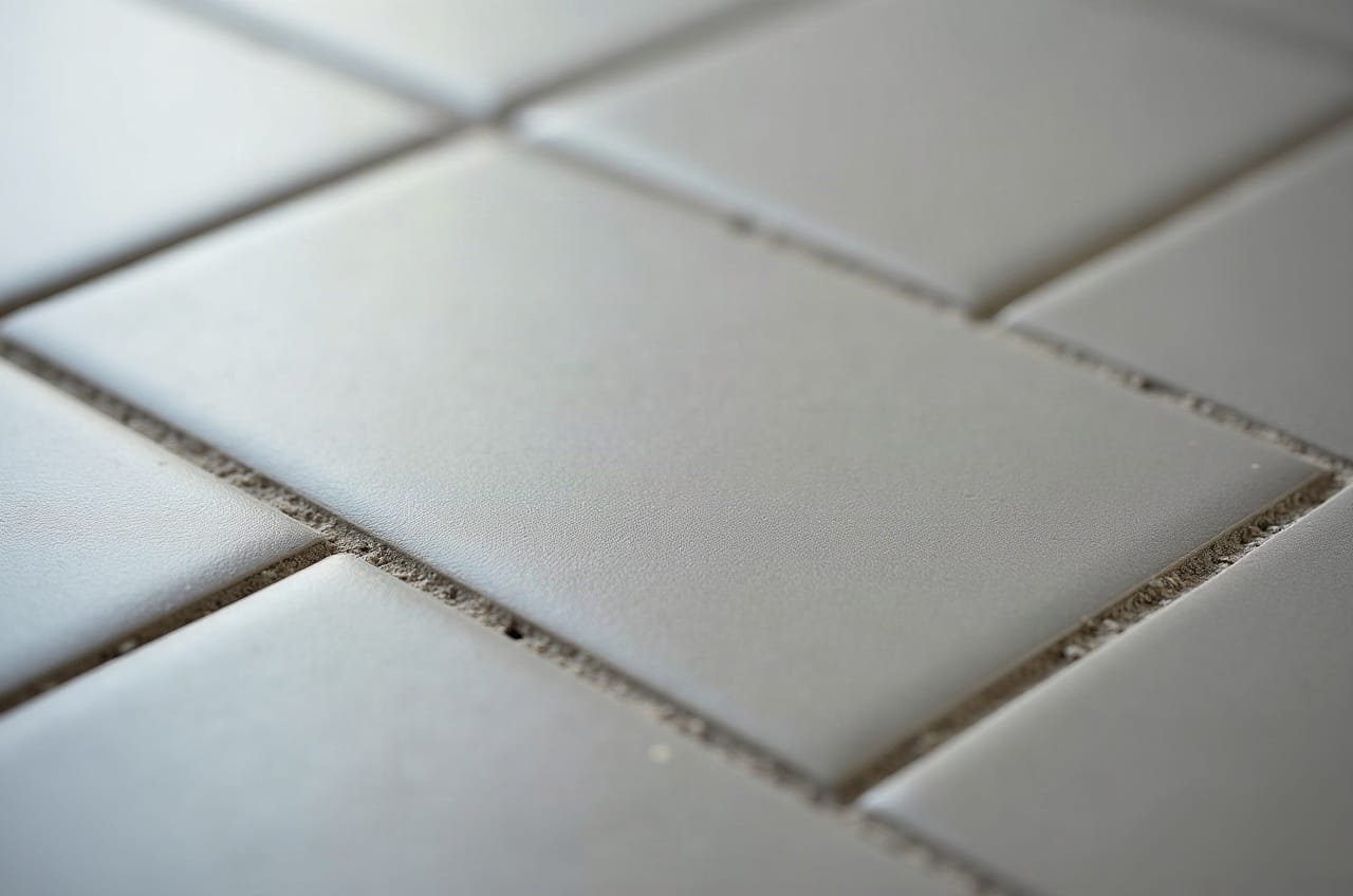 Détail d'un carrelage technique gris à texture antidérapante visible, entrée professionnelle, aucune personne