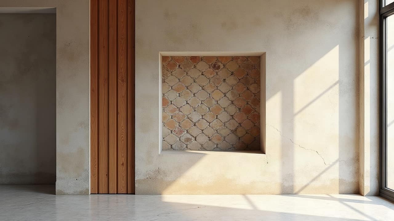 Détail d'une jonction entre un grand carreau au sol et une mosaïque au mur d'une niche, joints réguliers, aucune personne